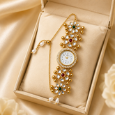 Gold-Tone Kashmiri Kundan Bracelet Watch for Women with Pearl Detailing