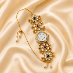 Gold-Tone Kashmiri Kundan Bracelet Watch for Women with Pearl Detailing