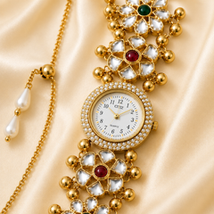 Gold-Tone Kashmiri Kundan Bracelet Watch for Women with Pearl Detailing