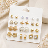 12-Pair Gold & Pearl Stud Earring Combo Set – Floral, Geometric & Crystal Designs