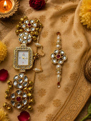 Kashmiri Traditional Women’s Watch with Gold-Tone Kundan Rakhi, Akshat & Kumkum Gift Set