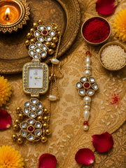Kashmiri Traditional Women’s Watch with Gold-Tone Kundan Rakhi, Akshat & Kumkum Gift Set
