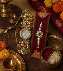 Kashmiri Bracelet Watch & Gold-Toned Lotus Pearl Rakhi, with Akshat & Kumkum Gift Set