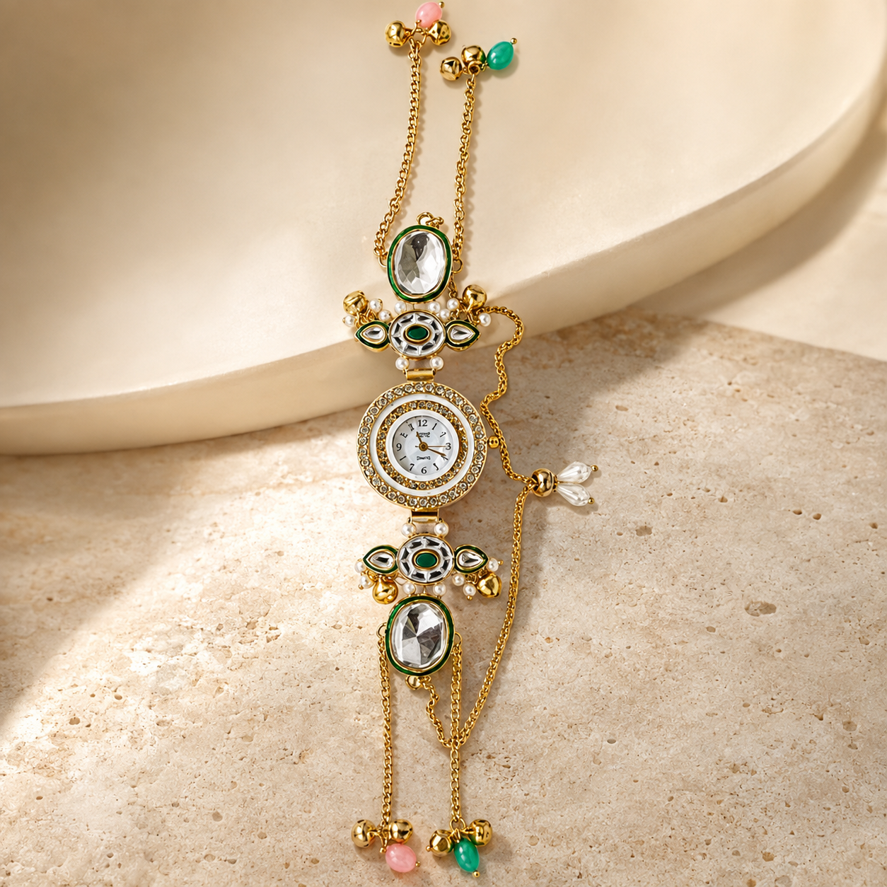 Gold Round Kundan Stone Bracelet Watch Alloy