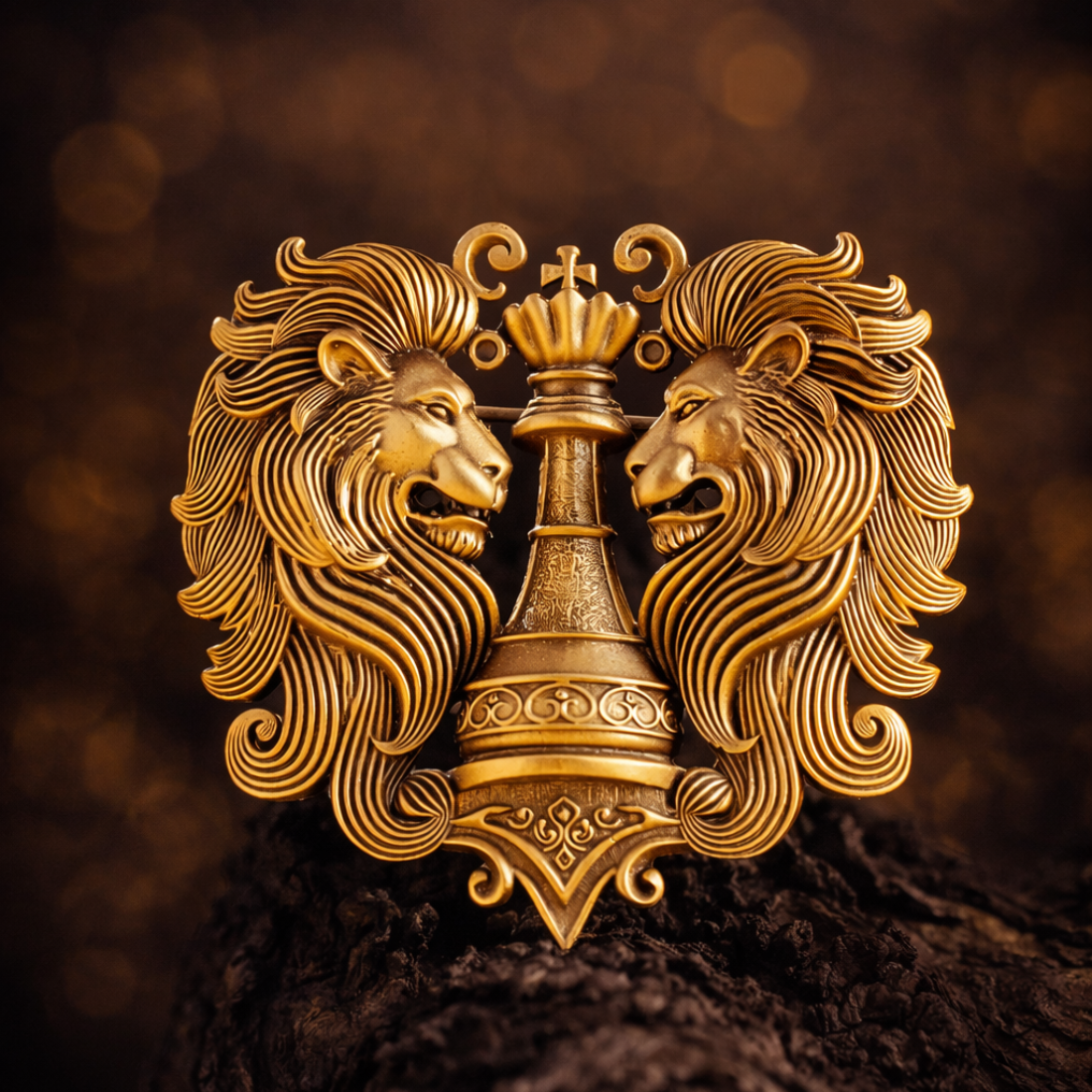 Antique Gold Twin Lion Crest Brooch Main image