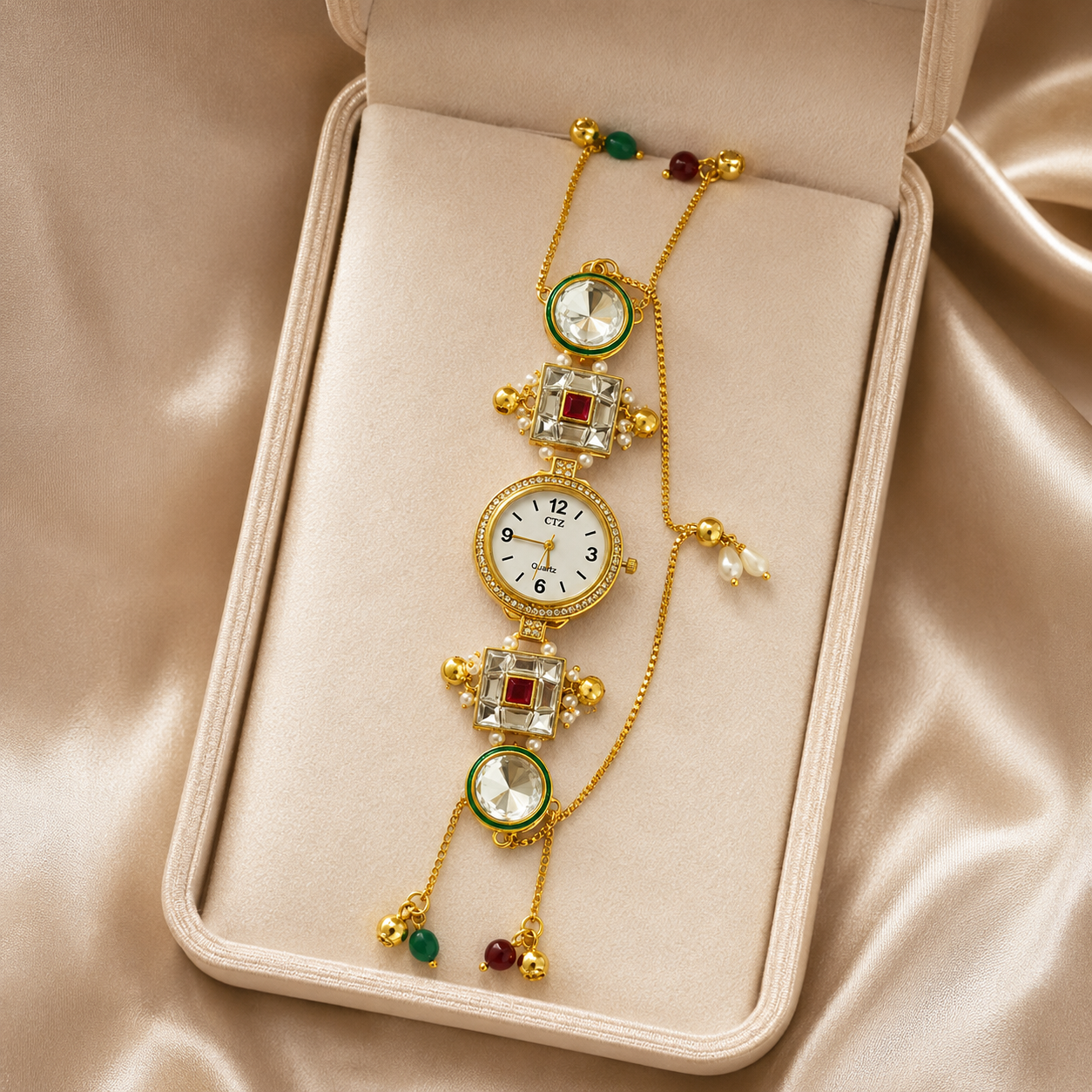 Gold Round Kundan Bracelet Watch Alloy