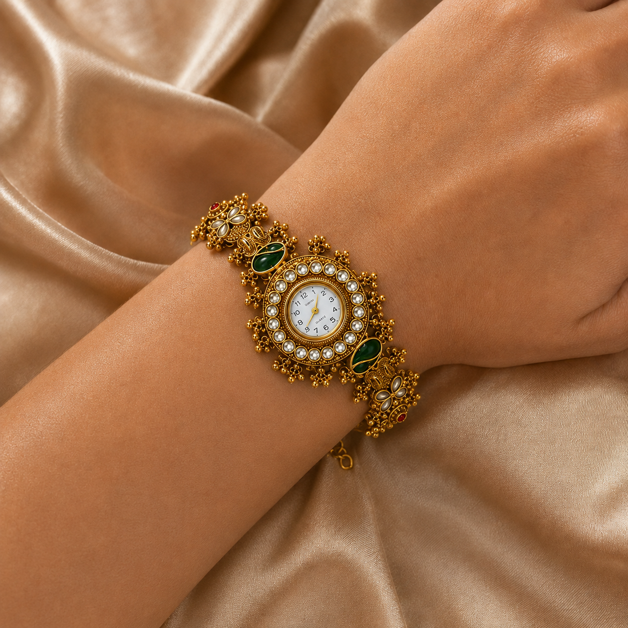 Gold Round Pearl Bracelet Watch Alloy