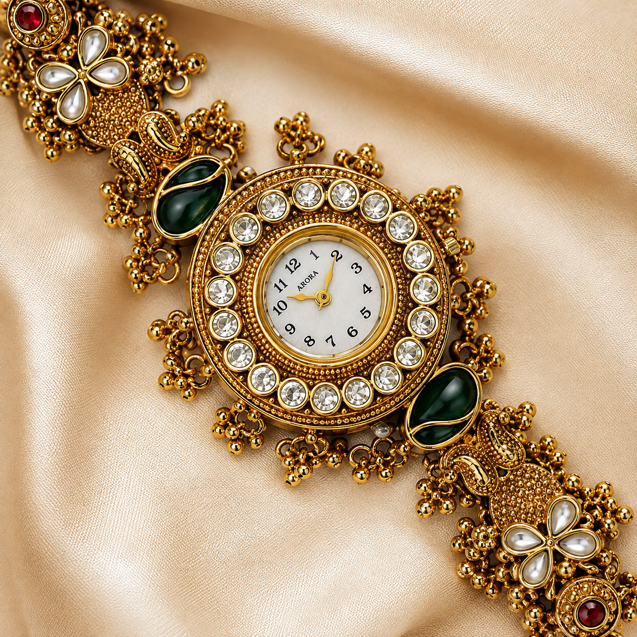 Antique Gold Round Kundan Bracelet Watch Alloy