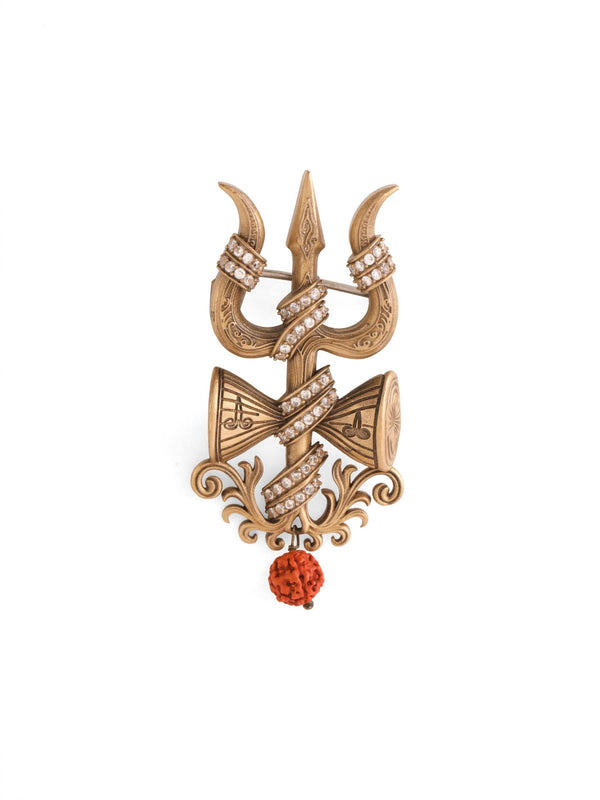 Divine Shiva Trishul Damru Antique Gold Brooch for Men