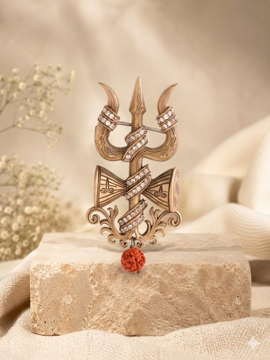 Divine Shiva Trishul Damru Antique Gold Brooch for Men