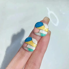 Korean Style Geometric Stud Earrings, Multi-Coloured Mosaic Pattern, Square Design