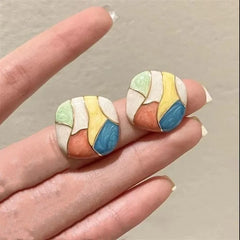 Korean Style Geometric Stud Earrings, Multi-Coloured Mosaic Pattern, Square Design