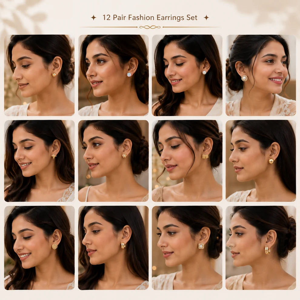 12-Pair Gold & Pearl Stud Earring Combo Set – Floral, Geometric & Crystal Designs