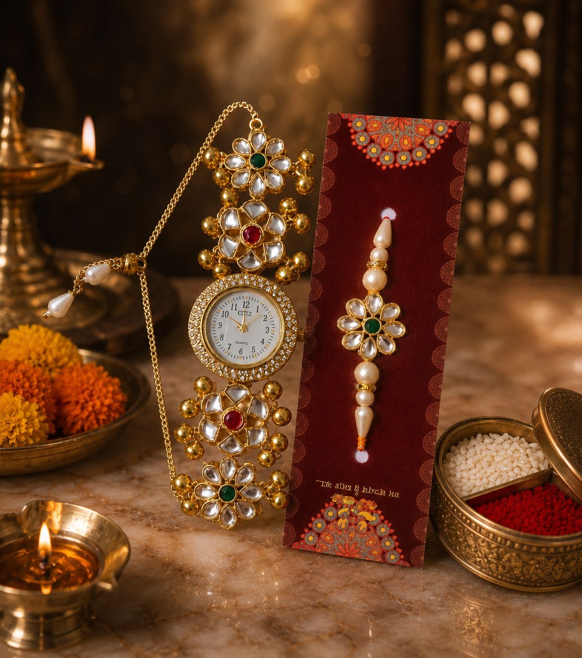 Kashmiri Bracelet Watch & Gold-Toned Lotus Pearl Rakhi, with Akshat & Kumkum Gift Set
