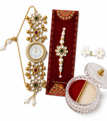 Kashmiri Bracelet Watch & Gold-Toned Lotus Pearl Rakhi, with Akshat & Kumkum Gift Set