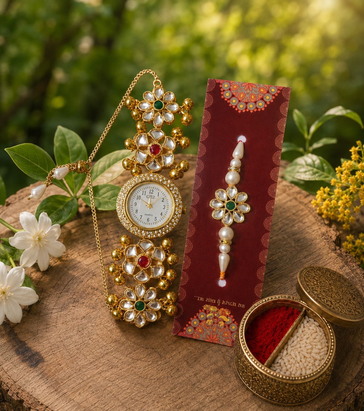 Kashmiri Bracelet Watch & Gold-Toned Lotus Pearl Rakhi, with Akshat & Kumkum Gift Set