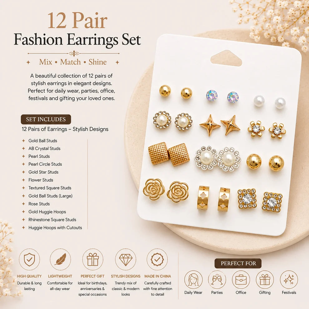 12-Pair Gold & Pearl Stud Earring Combo Set – Floral, Geometric & Crystal Designs