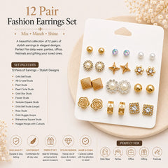 12-Pair Gold & Pearl Stud Earring Combo Set – Floral, Geometric & Crystal Designs
