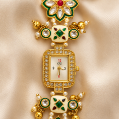 Gold Rectangular Kundan Bracelet Watch Alloy