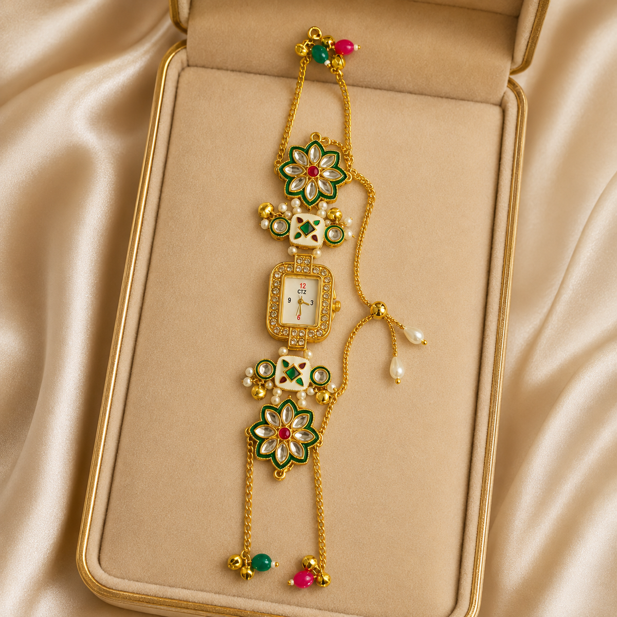 Gold Rectangular Kundan Bracelet Watch Alloy