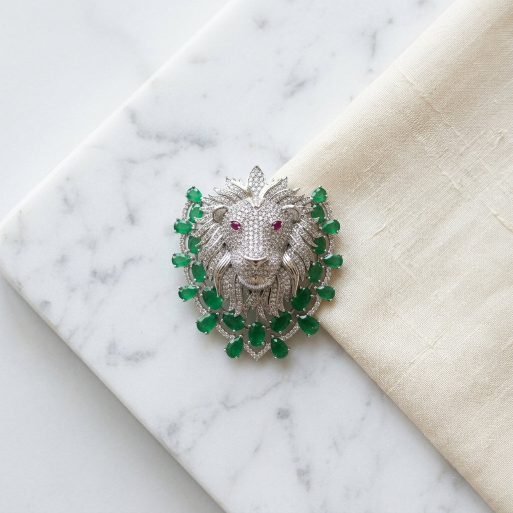 Emerald Lion Magnetic Brooch in Brass with Zircon Stones Main image