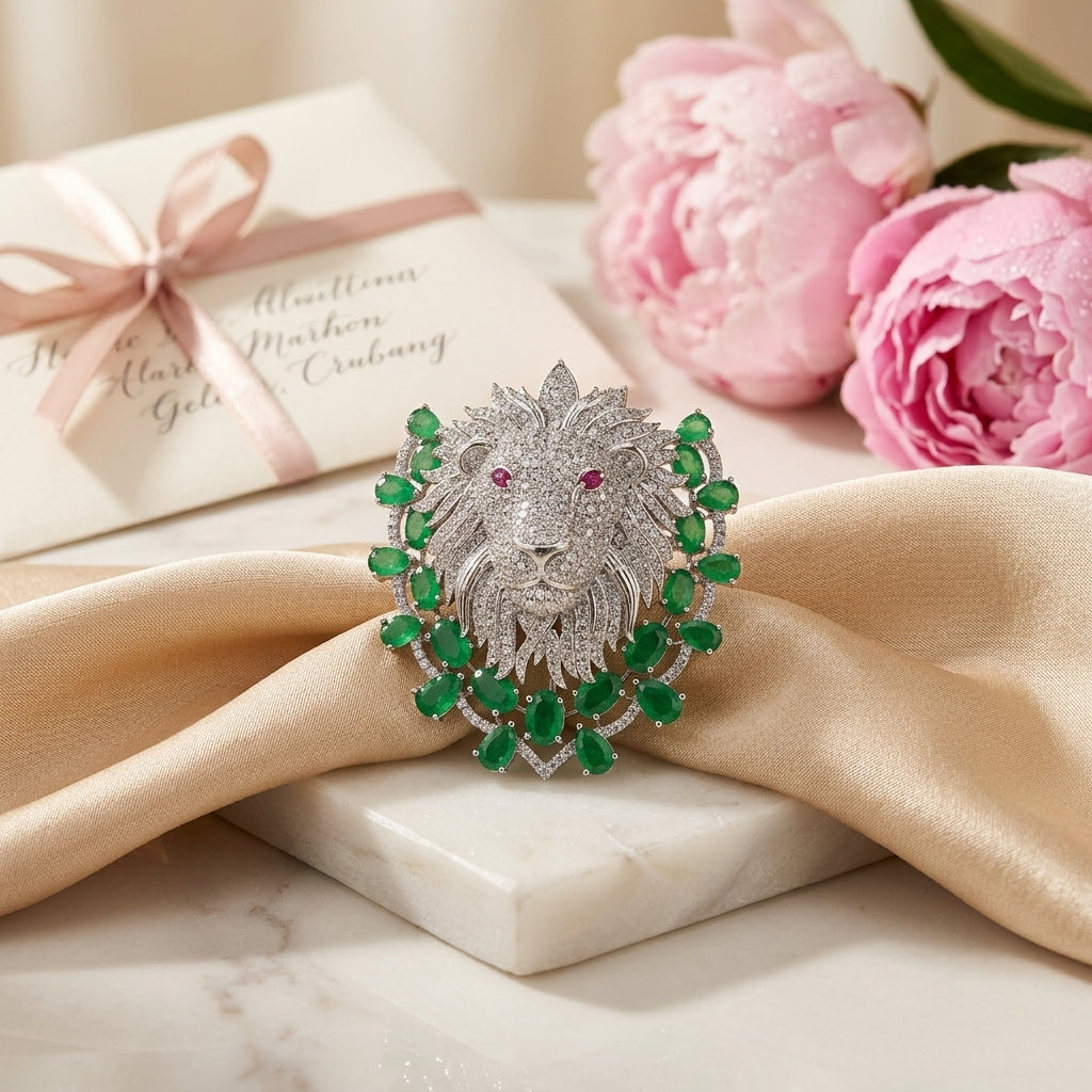 Emerald Lion Magnetic Brooch in Brass with Zircon Stones Secondary image