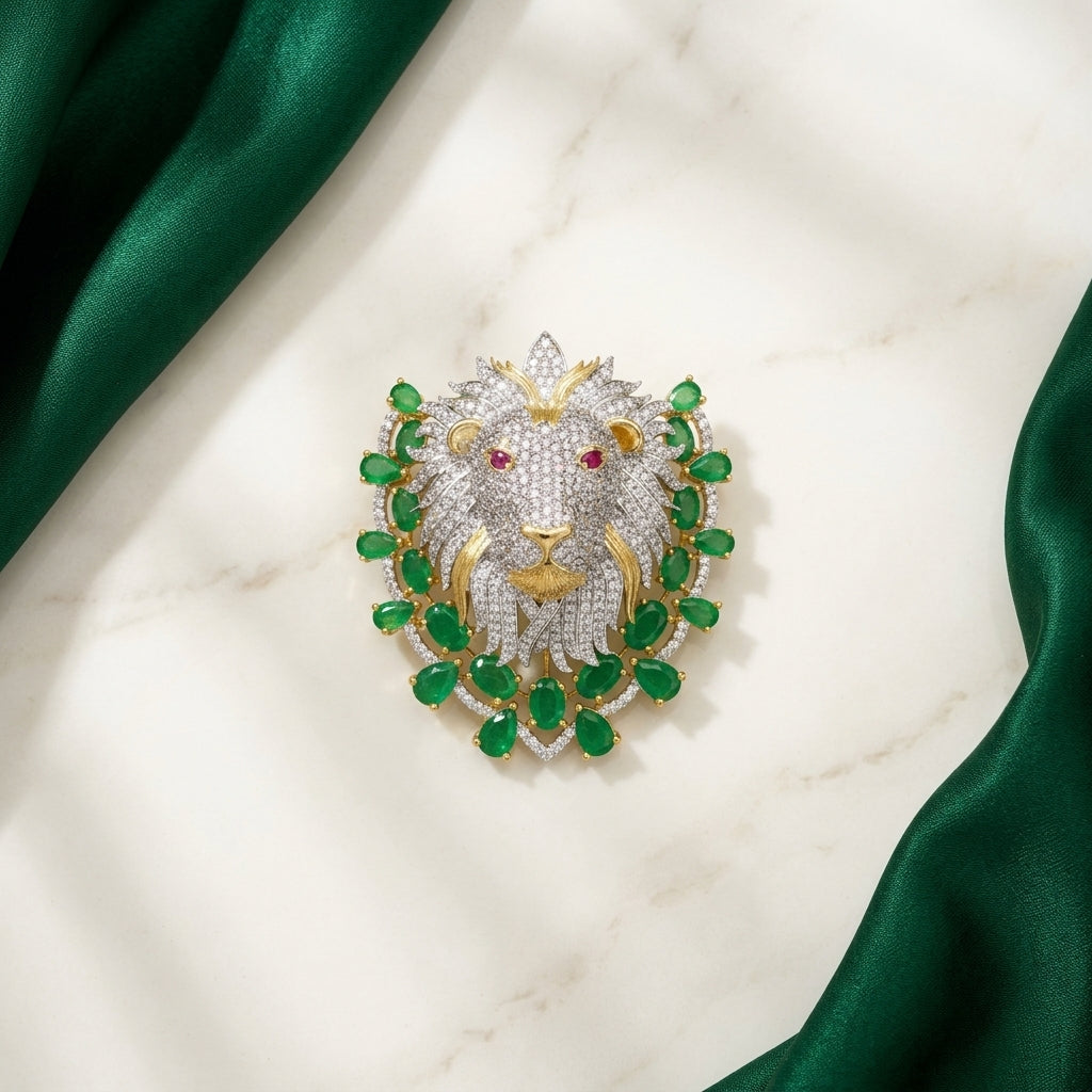Emerald Lion Magnetic Brooch in Brass with Zircon Stones